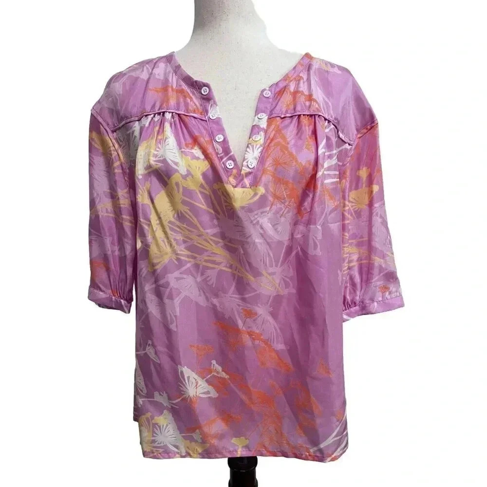 NWT Alice Ritter Silk Blouse Women Size 8 Pink Floral Print Short Sleeve V-Neck